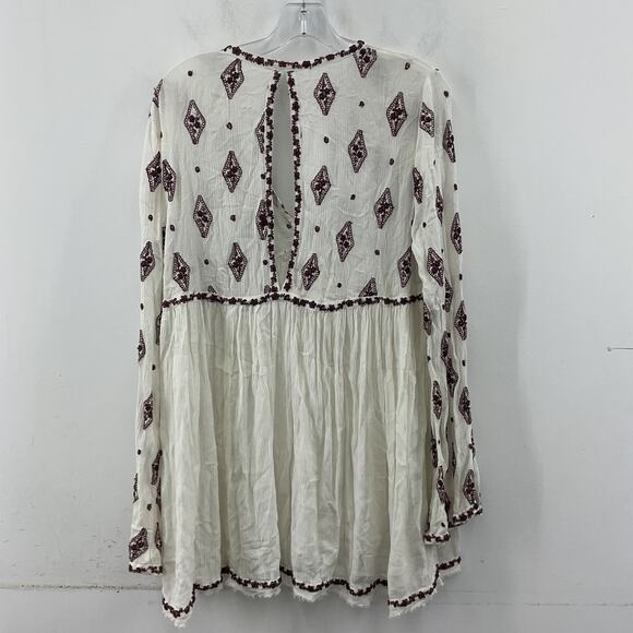 Free People Cream/Brown Boho Embroidered Tunic Blouse Women's, Size S Preowned - Picture 2 of 5